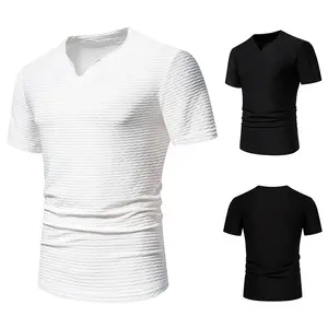 Mens Casual Wrinkle Striped T Shirt Soild Color Short Sleeve Tops T-Shirts V-Neck Pullover Street Tees Summer Apparel