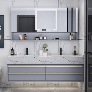 Meuble-lavabo flottant gris foncé moderne avec armoire miroir <span class=keywords><strong>LED</strong></span>, ensemble <span class=keywords><strong>de</strong></span> meuble-lavabo en pierre frittée <span class=keywords><strong>de</strong></span> qualité hôtelière - Product Image 6