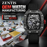 Montre à quartz pour hommes, montre-bracelet ultra fine en forme de baril, cadran squelette lumineux, étanche, bracelet en nylon