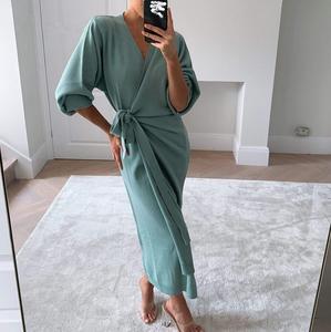 Abito Lungo Avvolgente in Maglia per Donna, Autunno Inverno, Oversize Elegante, Vestito <span class=keywords><strong>da</strong></span> <span class=keywords><strong>Giorno</strong></span> Sexy con Scollo a V, Abbigliamento Femminile per le Vacanze - Product Image 3