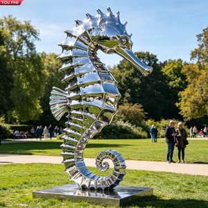 Sculpture de hippocampe en acier inoxydable YOUFINE, finition miroir, statue marine en métal pour décoration côtière - Product Image 1