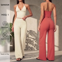 Set Yoga Wanita 2 Potong, Atasan Halter V-neck Dalam, Celana Panjang Pinggang Tinggi, Cepat Kering, Bernapas, Olahraga Gym Fitness