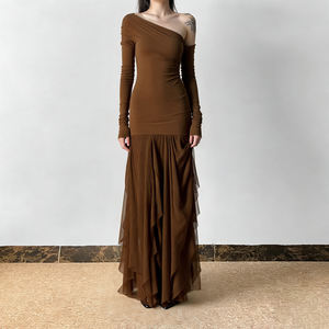 Elegante Vestido Maxi de Manga Larga con Parches de Malla para Mujer, Corte Ajustado, Dobladillo Asimétrico, Vestido de Fiesta de Noche - Product Image 6