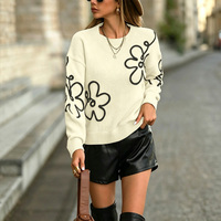 Suéter de Punto Jacquard Floral para Mujer, Cuello Redondo, Manga Larga, Otoño Invierno
