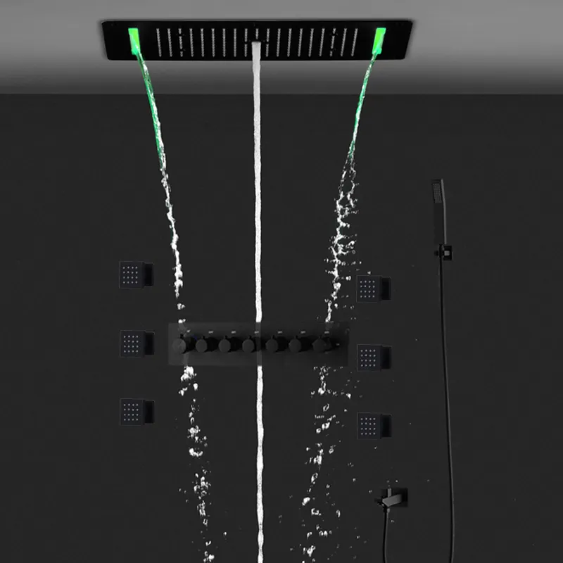 Juego de ducha negra, columna de niebla de lluvia, cascada, 4 Funciones, cabezal de ducha de techo empotrado, termostático, mezclador de 6 vías