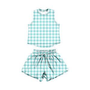 GSSO3474 Custom active girl light green plaid print outfits kids wholesale girl yoga child <b>Athletic</b> summer shorts sleeve set - Product Image 3
