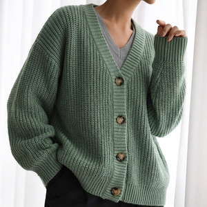 Cardigan en tricot à col en V pour femme, couleur unie, manches longues, coupe ample, automne-hiver, vert, noir, rouge foncé, marron, bleu marine - Product Image 1