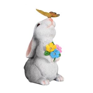 Figura Decorativa de Conejo de Resina con Luz LED Solar Ecológica, Adorno de Jardín con Mariposas y Flores para Exteriores, Venta Caliente - Product Image 5