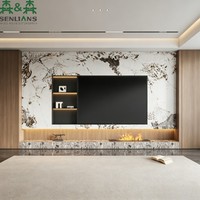 Mueble de TV Moderno y Lujoso SLS, Centro de Entretenimiento Personalizado con Iluminación LED, Pared Multimedia con Efecto Mármol y Chimenea Integrada