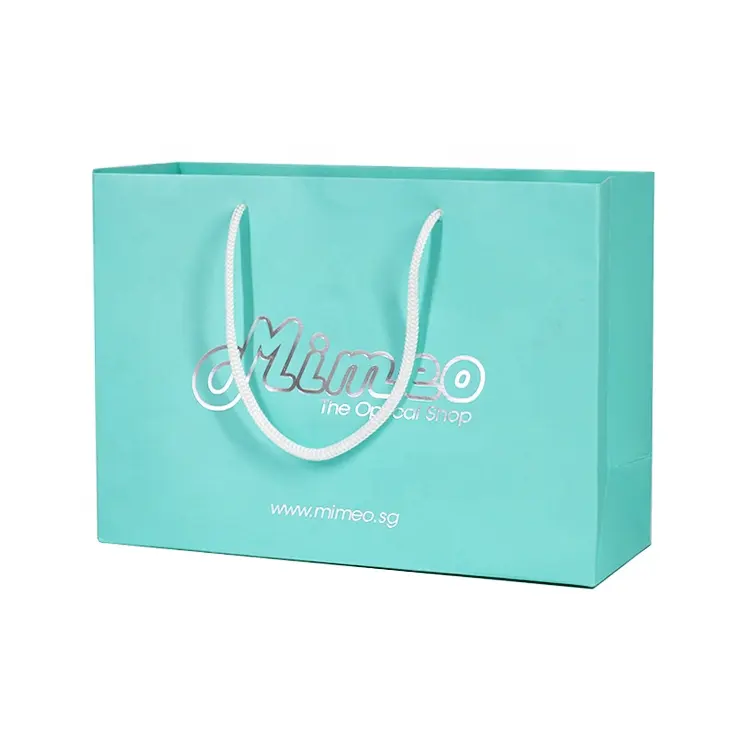 Boutique Your Own Brand Logo Printing Silver Hot Stamped Turquoise Blue Paper Bag