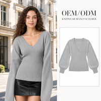 Pull en maille côtelé à col en V et manches lanternes pour femme, coupe ajustée, épaules tombantes, manches longues, automne-hiver, vente en gros ODM