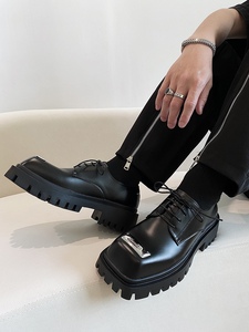 Petit Style Original chaussures décontractées pour hommes tête carrée Derby chaussures semelle épaisse en cuir véritable Style britannique coréen à la mode - Product Image 3