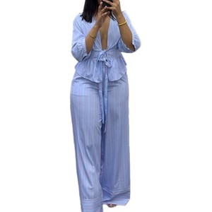 New Women's Bow-Trim Striped Shirt &amp; Striped Bow-Trim Wide-Leg <strong>Pants</strong> 2-Piece Set Sehe Fashion - Product Image 1