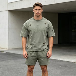 Conjuntos de camiseta de alta calidad para hombre, conjuntos de dos piezas de manga corta y pantalones cortos de 480 g/m² para hombre, 100 % algodón de rizo, conjuntos casuales de verano - Product Image 1