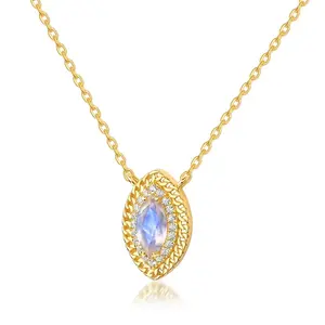 S925 Dames Tempérament Arc-En-Moonstone Collier Argent Marquise Pierre Naturelle Collier