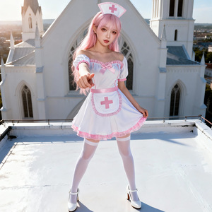 Ensemble de robe de demoiselle d'honneur Lolita, tenue de cosplay pour femmes, rose et blanc, avec tablier et chapeau - Product Image 4