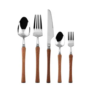 5Pcs Stainless Steel Table Flatware Set Wenge Wooden Handle Cutlery Set For Restaurant Hotel Cafe