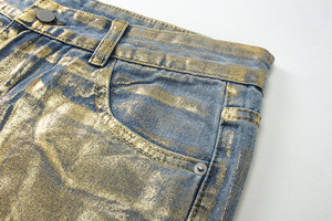 Jeans en denim décontractés à jambe droite, style Y2K, tendance streetwear, hip-hop, effet délavé, bleu métallisé, revêtement laser doré, unisexe, fabrication en usine - Product Image 5