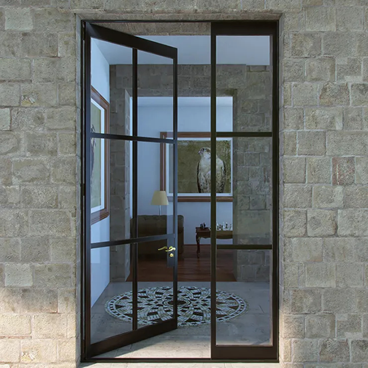 Exterior de metal forjado negro de seguridad de hierro hueco doble vidrio de seguridad templado doble oscilación puertas