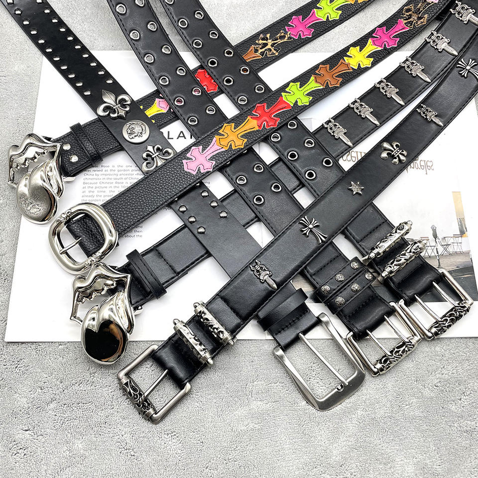 Wholesale Men's Retro Fashion Belt Personalized Colorful Youth Style Ancient Cross Classic Star Alloy Buckle Leather Belt