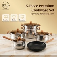 Premium Buchenholz Kochgeschirr-Set 5-teilig Edelstahl Bernsteinfarbene Glasdeckel Marmor Antihaft-Bratpfanne Dampfgarer für Zuhause und Küche
