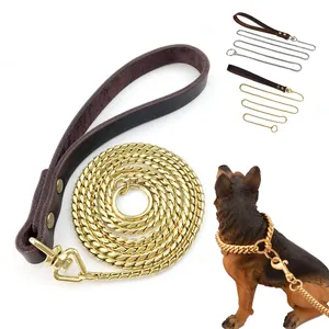 Coleira para cachorro, venda quente da fábrica, coleira de aço inoxidável para cães, rosa, dourado, com cabo de couro genuíno