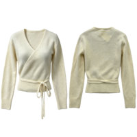 Cardigan en maille côtelée douce pour femme, style ballet, à encolure en V, à nouer à la taille, coupe ajustée, manches longues, vente en gros