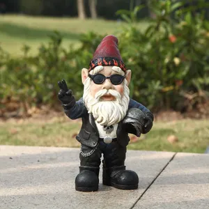 Gnomi da giardino motociclista nero con occhiali da sole decorazione in resina figurina