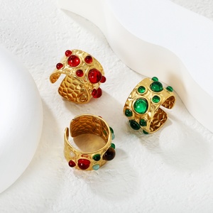 Stainless Steel Jewelry 18K Gold Plated Chunky <b>Rings</b> Set Colorful Gemstone Cluster <b>Statement</b> <b>Rings</b> Textured Dome Open <b>Rings</b> - Product Image 2