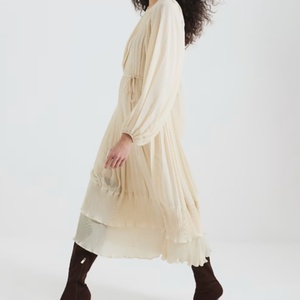 Vestido Midi de Manga Larga con Pliegues, Cuello Cuadrado y Cintura Elástica, Estilo Bohemio Informal para Primavera Verano - Product Image 1
