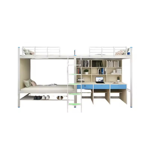 Lit <span class=keywords><strong>superposé</strong></span> en métal pour quatre personnes avec table inférieure intégrée, idéal pour les dortoirs universitaires, conception de lit surélevé conjoint - Product Image 2
