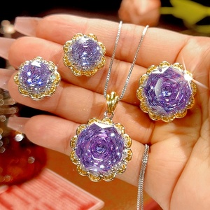 Wholesale Eco-friendly Copper Women Jewelry Set Gold Plated 16-10mm Purple Zircon Vintage Delicate Pendant <b>Earrings</b> Set - Product Image 3