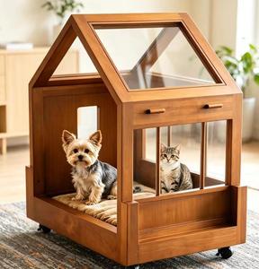 Rolling Wooden Pet House with Transparent Skylight Enclosed <b>Dog</b> Cat Crate Furniture Movable Indoor Pet Bed with Cushion for Sm - Product Image 1