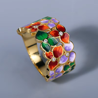 Bague large de luxe multicolore en émail floral, plaquée or 18 carats, motif Jardin de Monet, fleurs peintes à la main, sertie de zircons, pour femme
