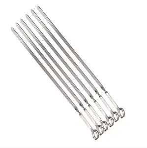 Cooking Kitchen Meat Holder BBQ Roast Kabob Sticks Grill Needle Tools Flat Barbecue Forks Picnic Skewers Set Stainless Steel 2mm
