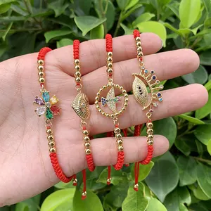 Charm Braid Red Rope Lucky Bracelet Fashion Gold Plated Stainless Steel Bead/Flower/Heart/Peace Bird/Devil Eyes Women Bangle