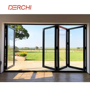 DERCHI Anti Impact Glass Curtain Stack Panoramic Accordion Bifold Door Aluminum Frameless Sliding Luxury Folding Patio Door
