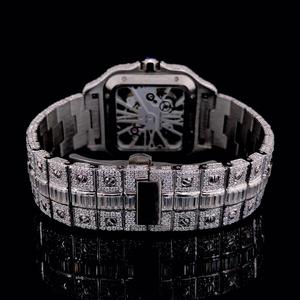 Luxury Iced Skeleton Square Stainless Steel <b>Mens</b> Quartz Wristwatch Full Diamond Baguette <b>Bracelet</b> Limited Edition Fashion - Product Image 2