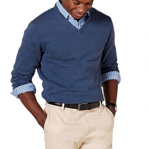 Pull à col en V bleu uni pour homme, manches longues, tricoté en laine/acrylique, respirant, vêtements d'hiver - Product Image 3