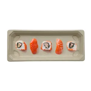 PFAS FREE Eco Friendly Rectangular Sugarcane Tray Bagasse Pulp Sushi Box Container Packaging Sushi With Lid Tray