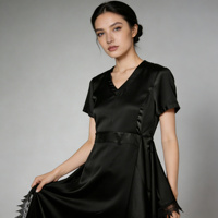 Robe noire en mousseline unie pour femme, col en V, longueur genou, avec dentelle, ourlet asymétrique, taille à nouer, élégante, quotidienne, douce, naturelle, style portefeuille