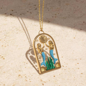 Disesuaikan 316 baja tahan karat perhiasan indah bunga zirkon bulat putri duyung awan bulan liontin akrilik kalung untuk wanita - Product Image 4