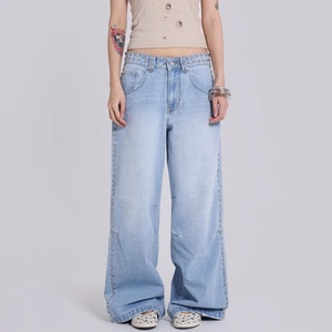 Pantalones Vaqueros Anchos Retro Y2K Azules Lavados con Remaches Laterales, de Algodón, Estilo Oversize, para Mujer - Product Image 1
