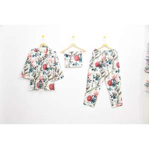 Conjunto de Pijama de Satén 100% Algodón, Estampado de Letras, Cintura Elástica, Transpirable, Informal, Ropa de Dormir para Mujer, Otoño, ODM, Mangas Largas - Product Image 1