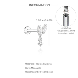 Pendiente de plata 925 con moissanita marquesa y flecos delicados, tipo piercing de cartílago con parte trasera plana - Product Image 6