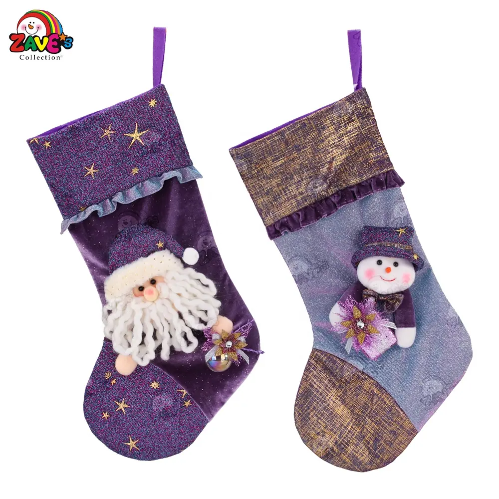 Zaves 20" Socks purple starry glitter cloth santa snowman stockings set 2 home window wall christmas tree decoration