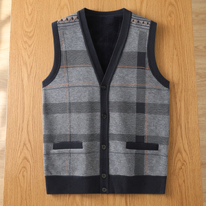 PRIMEAGE INDUSTRIES Autumn New <b>Men's</b> V-neck Warm Front Logo Plaid Standard Wool Needle Detection Single Breasted Knitted <b>Sweater</b> - Product Image 2
