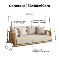 Lit suspendu d'extérieur Zlor en teck massif, style moderne et luxueux, avec coussins imperméables, mousse haute densité durable, respectueux de l'environnement, pour le jardin