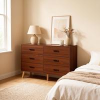 Lemari Pakaian 9 Laci Gaya Mid Century Modern, Kabinet Penyimpanan Kayu Lapis, Kaki Runcing, Finishing Walnut, Gudang Perlengkapan Kamar Tidur