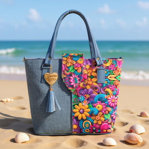Bolso de Playa Fana para Mujer, Tamaño Mediano, de Yute Azul con Diseño Estampado y Bolsillo con Cremallera - Product Image 2